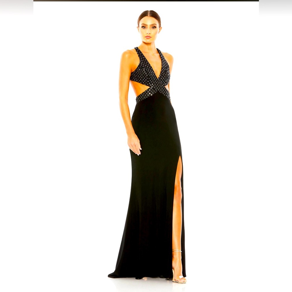 Mac Duggal Black Crystal Embellished Backless Gown style 68166 minor flaw